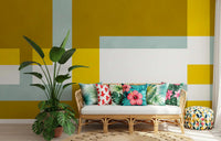Layered abstract wall mural displayed in a contemporary living area.