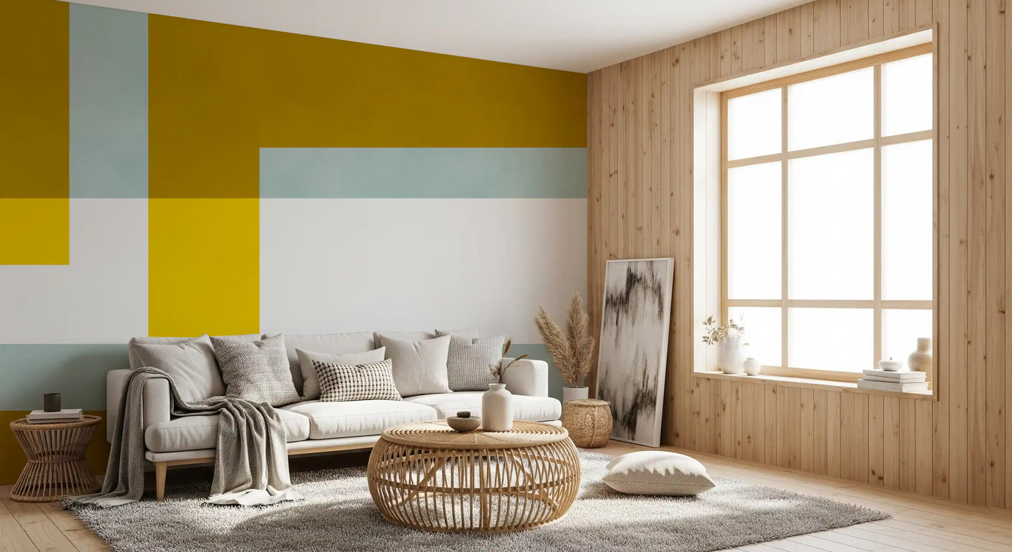 Translucent geometric wall mural with mustard, mint and ivory white rectangles.