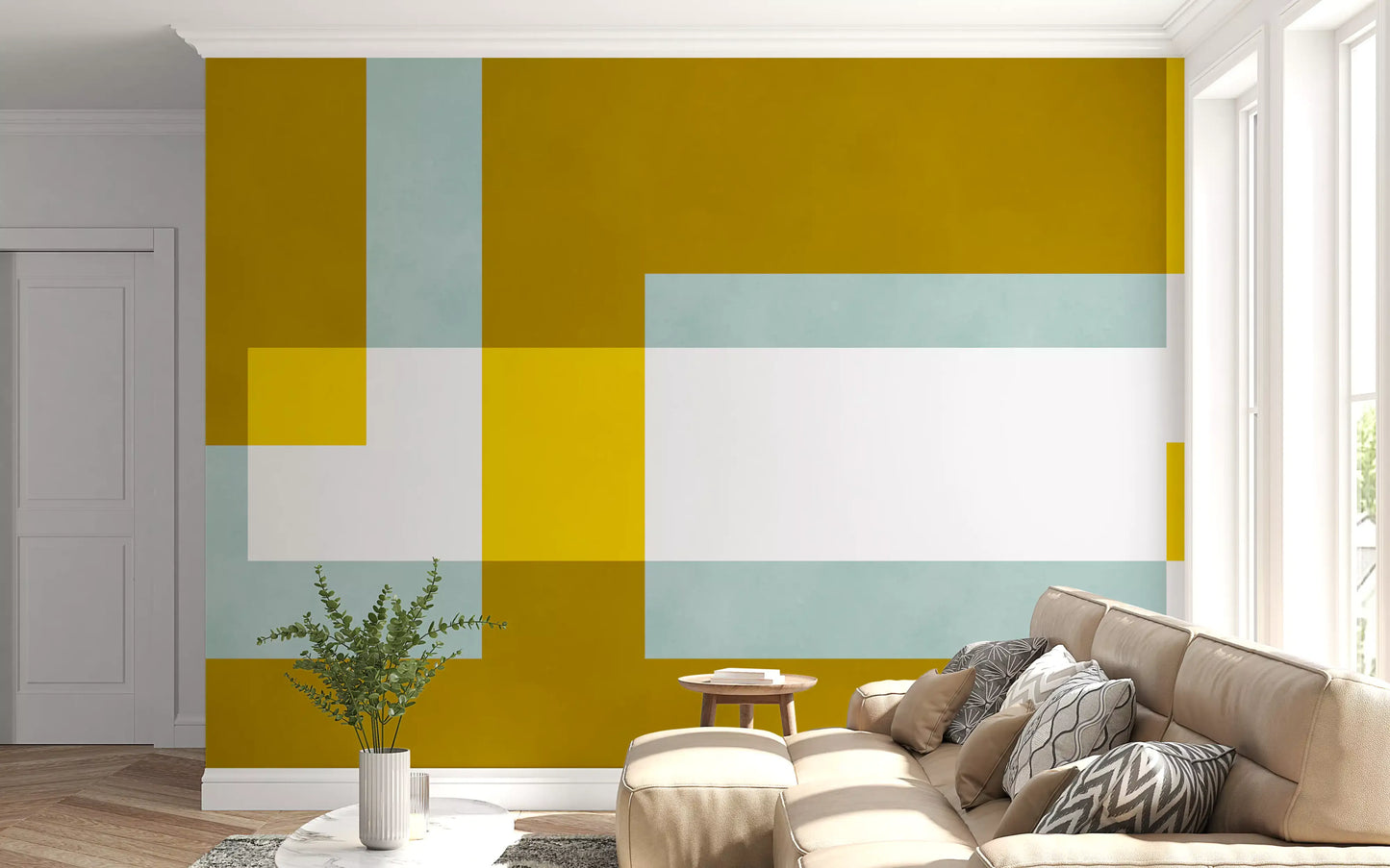 Abstract wall mural in golden olive with overlapping pale mint and lemon blocks.
