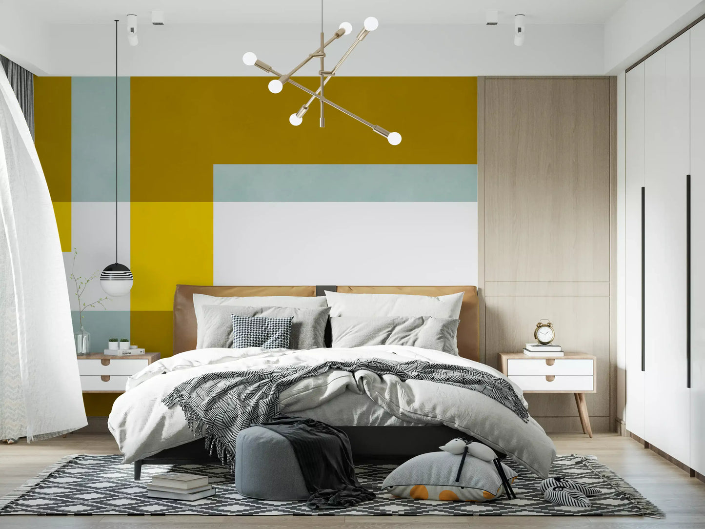 Golden Overlap Abstract wall mural styled in a modern bedroom interior.
