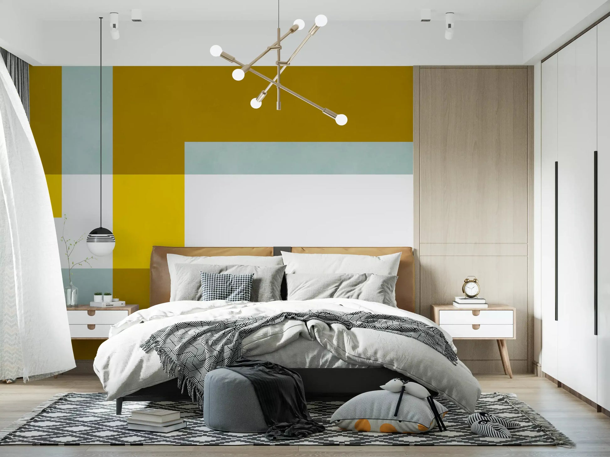 Golden Overlap Abstract wall mural styled in a modern bedroom interior.
