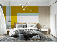 Golden Overlap Abstract wall mural styled in a modern bedroom interior.