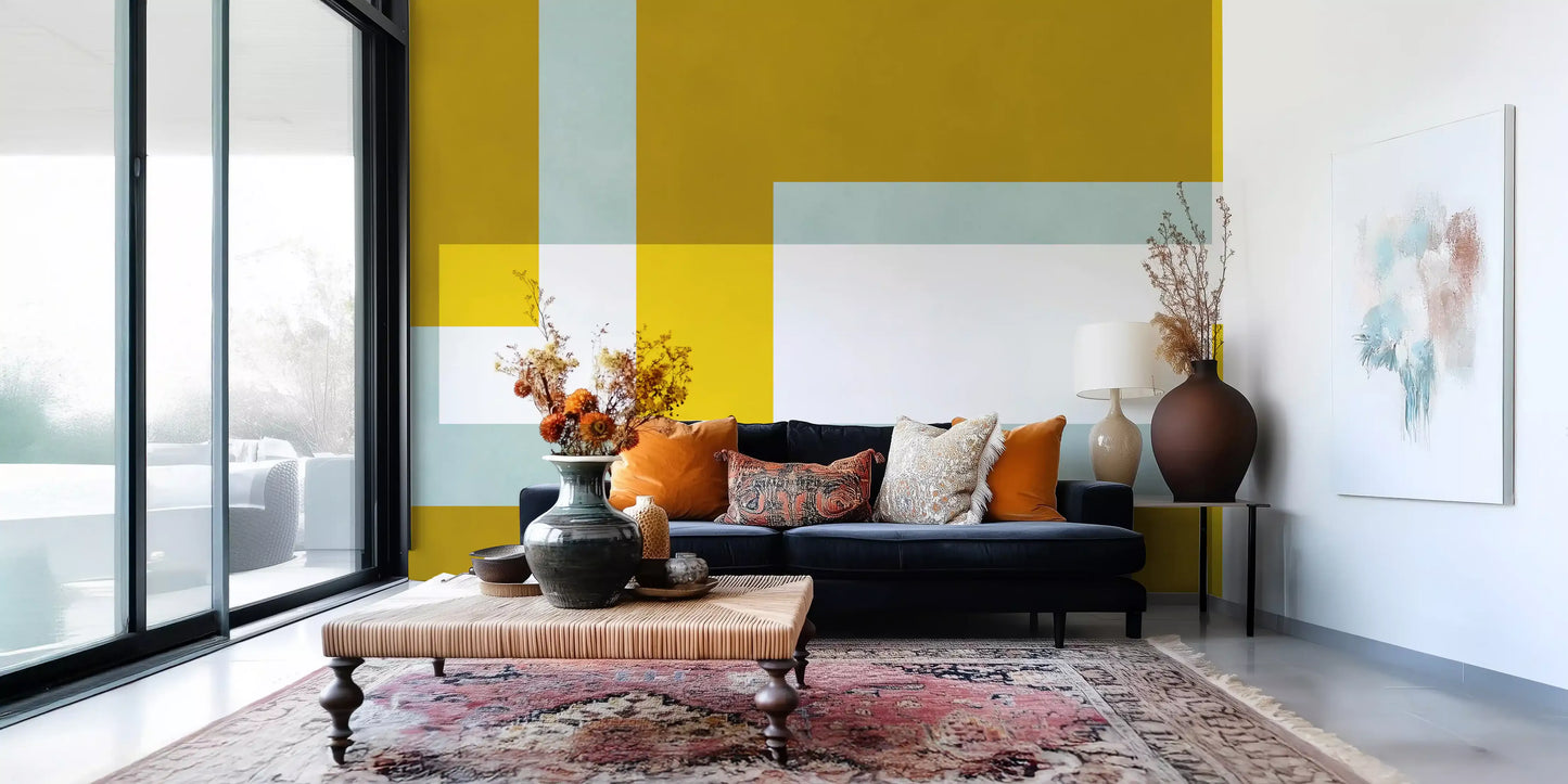 Golden Overlap Abstract mural with rectangular pattern and matte tonal mix.