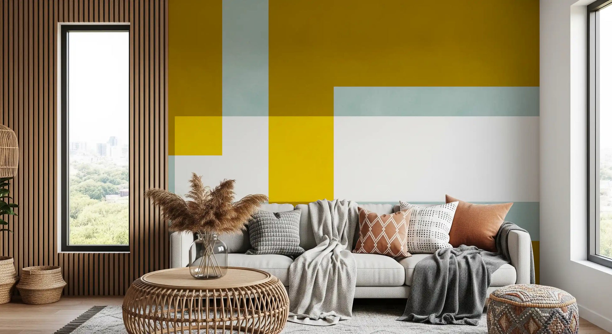 Layered abstract wall mural with mustard, sage, white and bright lemon blocks.