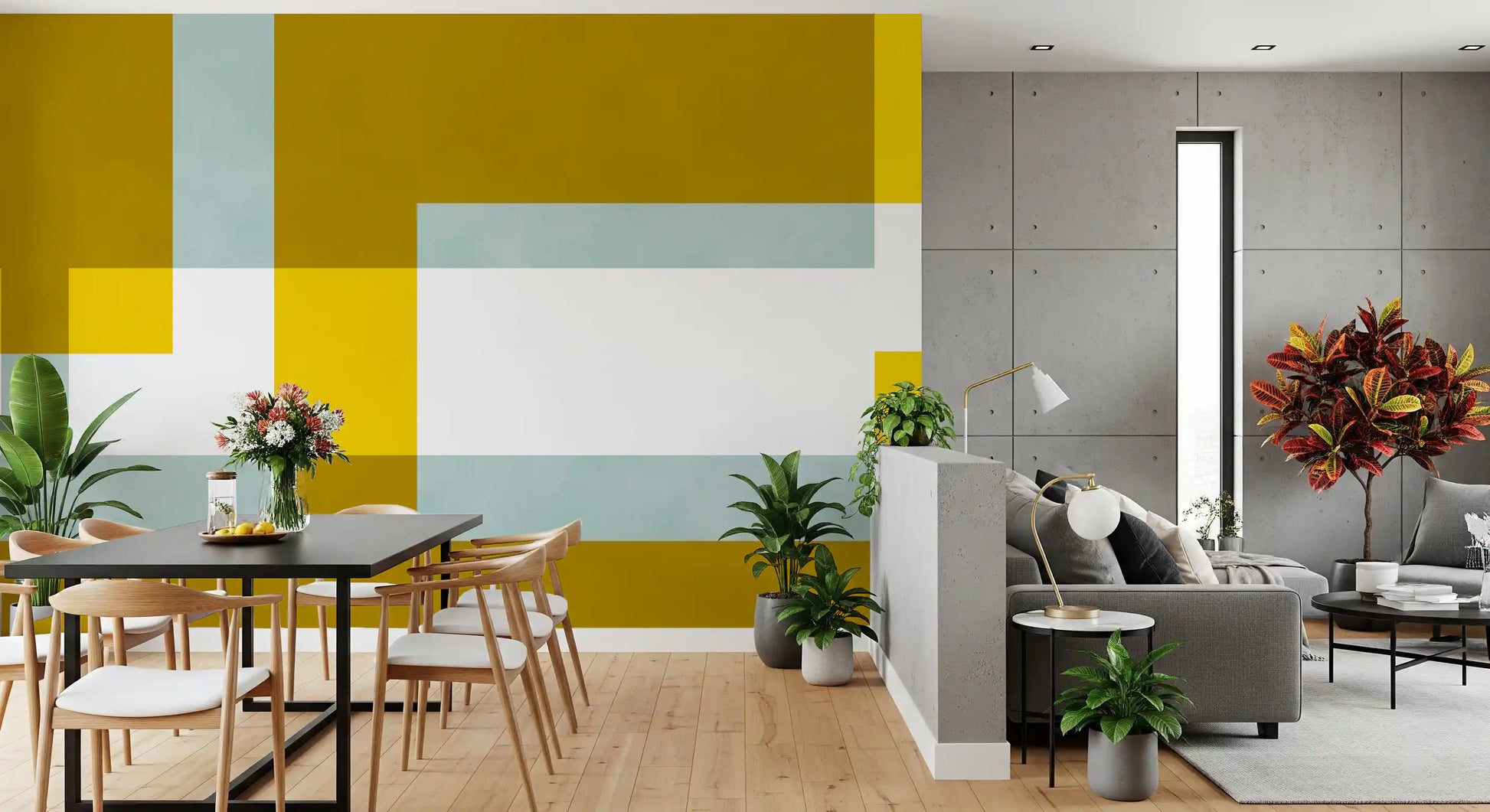 Golden Overlap Abstract wall mural featuring rectangular bars in dining area.