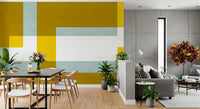 Golden Overlap Abstract wall mural featuring rectangular bars in dining area.