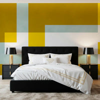 Golden Overlap Abstract wall mural with layered rectangles in mustard yellow and pale mint.
