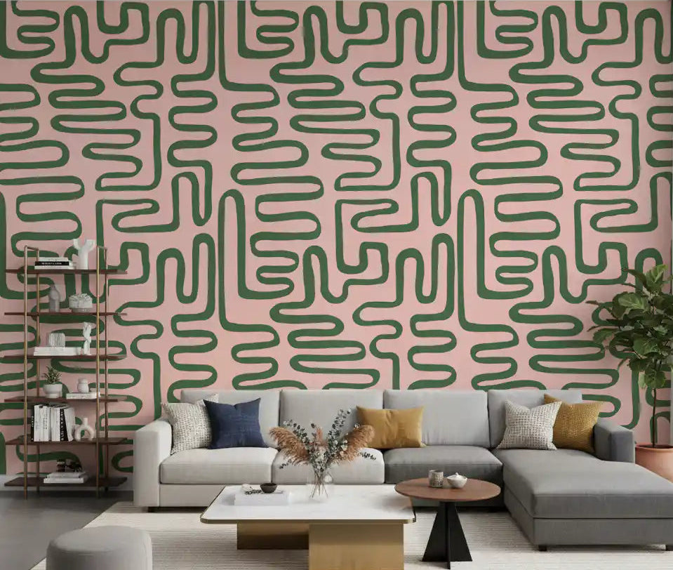 Abstract maze wall mural featuring a continuous olive green linework design in living room.