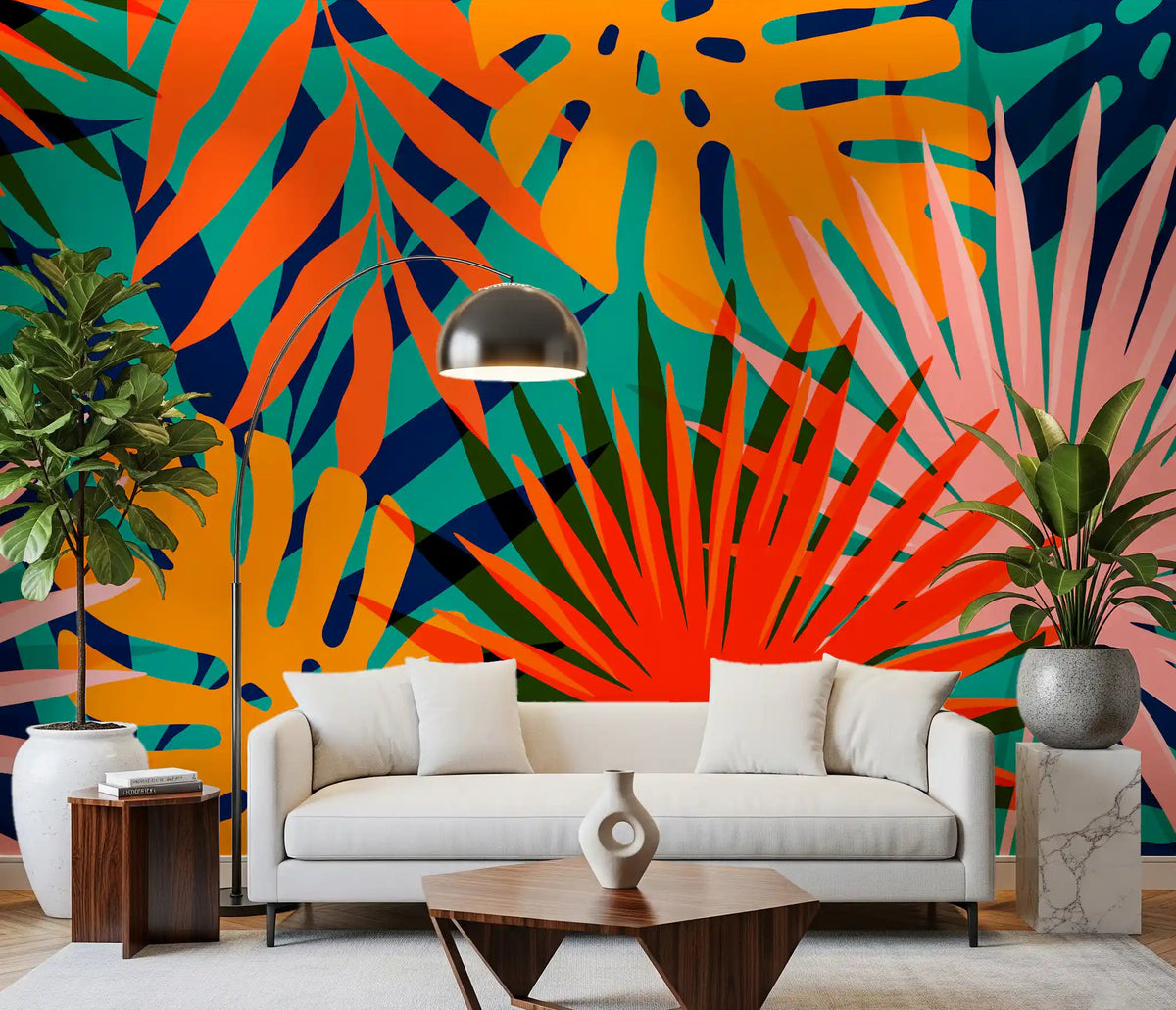 Tropical pattern Wall Mural featuring colourful palm and monstera leaves in living room., GD10311