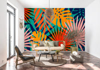 Colorful exotic leaf print wall mural for a modern living room backdrop.