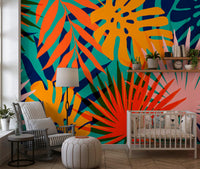 Colorful exotic botanical leaf wall mural for bright nursery backdrop.