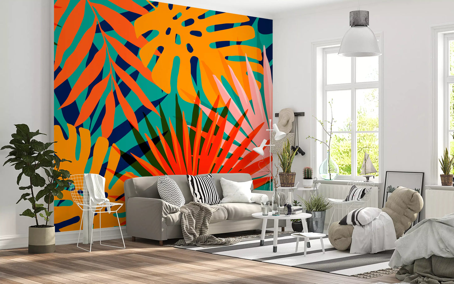 Tropical pattern Wall Mural with vibrant jungle leaves on blue background