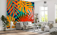 Tropical pattern Wall Mural with vibrant jungle leaves on blue background