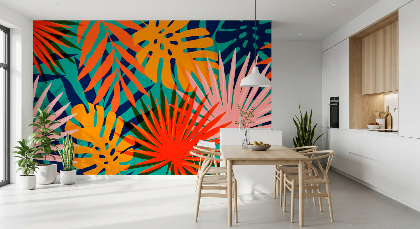 Tropical pattern Wall Mural displaying monstera leaves and fan palms