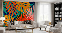 Multi-coloured botanical leaf wall mural with orange and pink palm fronds