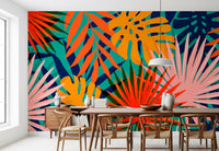 Bold monstera and palm leaf graphics wall mural for creative dining spaces.