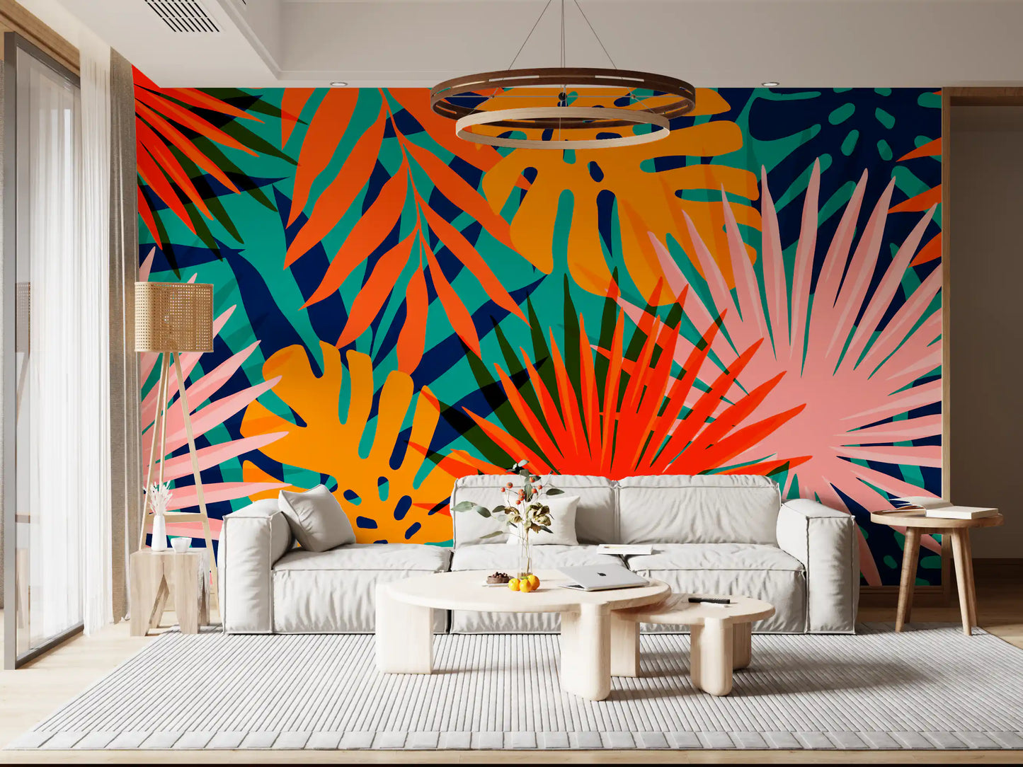 Tropical pattern Wall Mural with layered green, yellow and red foliage.