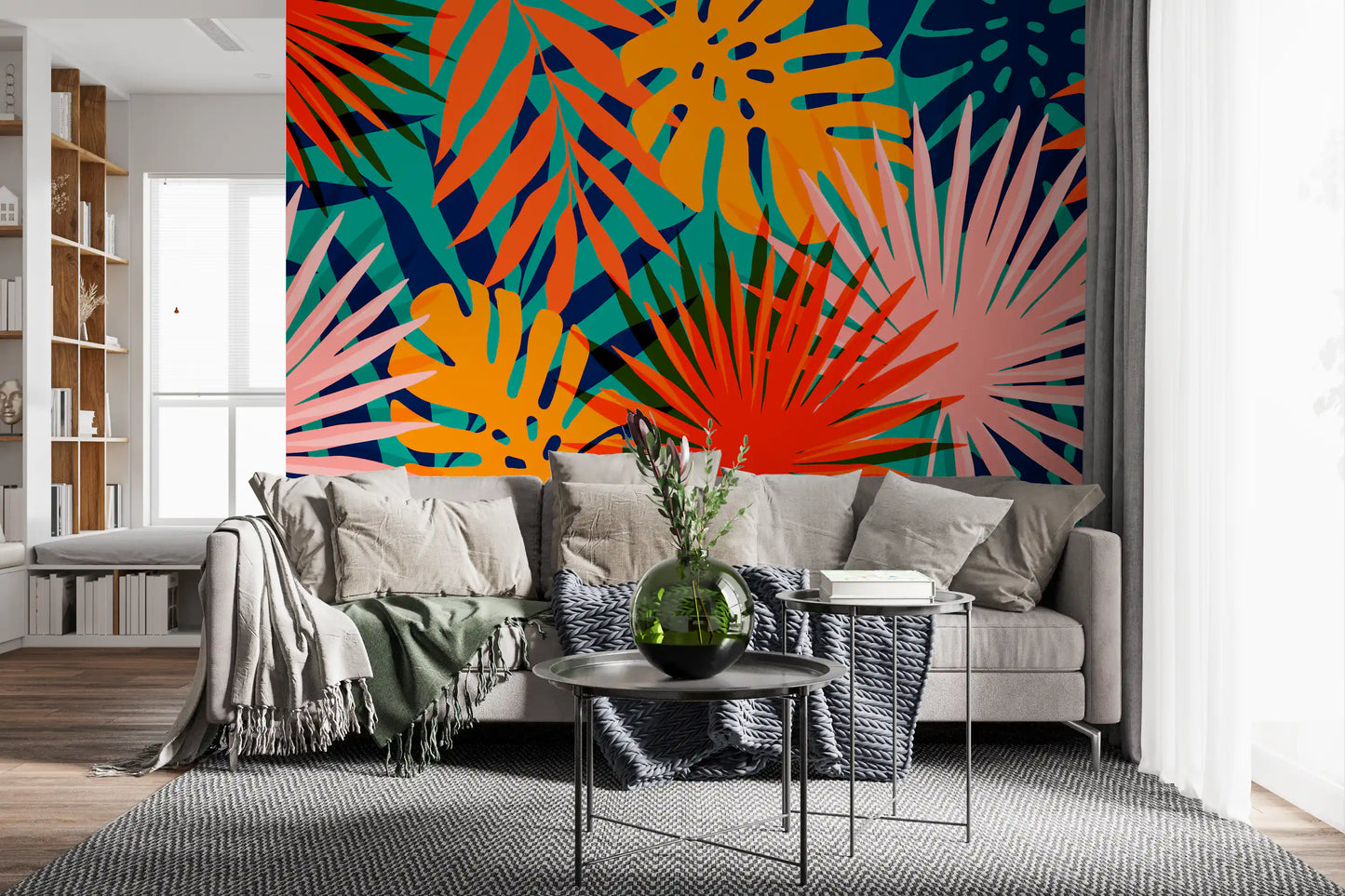 Vibrant rainforest botanical wall mural for living area interior styling.