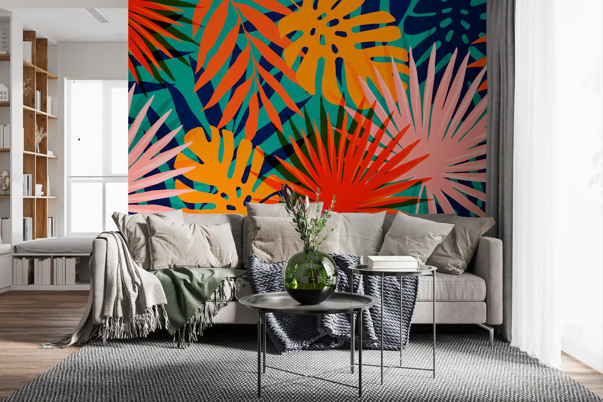 Vibrant rainforest botanical wall mural for living area interior styling.