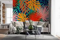 Vibrant rainforest botanical wall mural for living area interior styling.