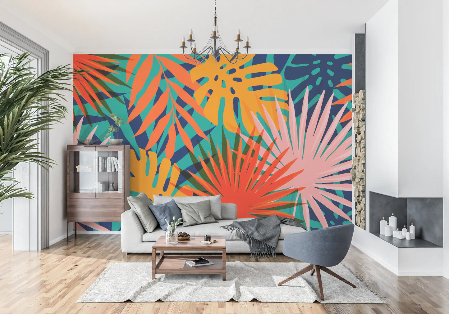 Bright tropical foliage wall mural for a contemporary living room space