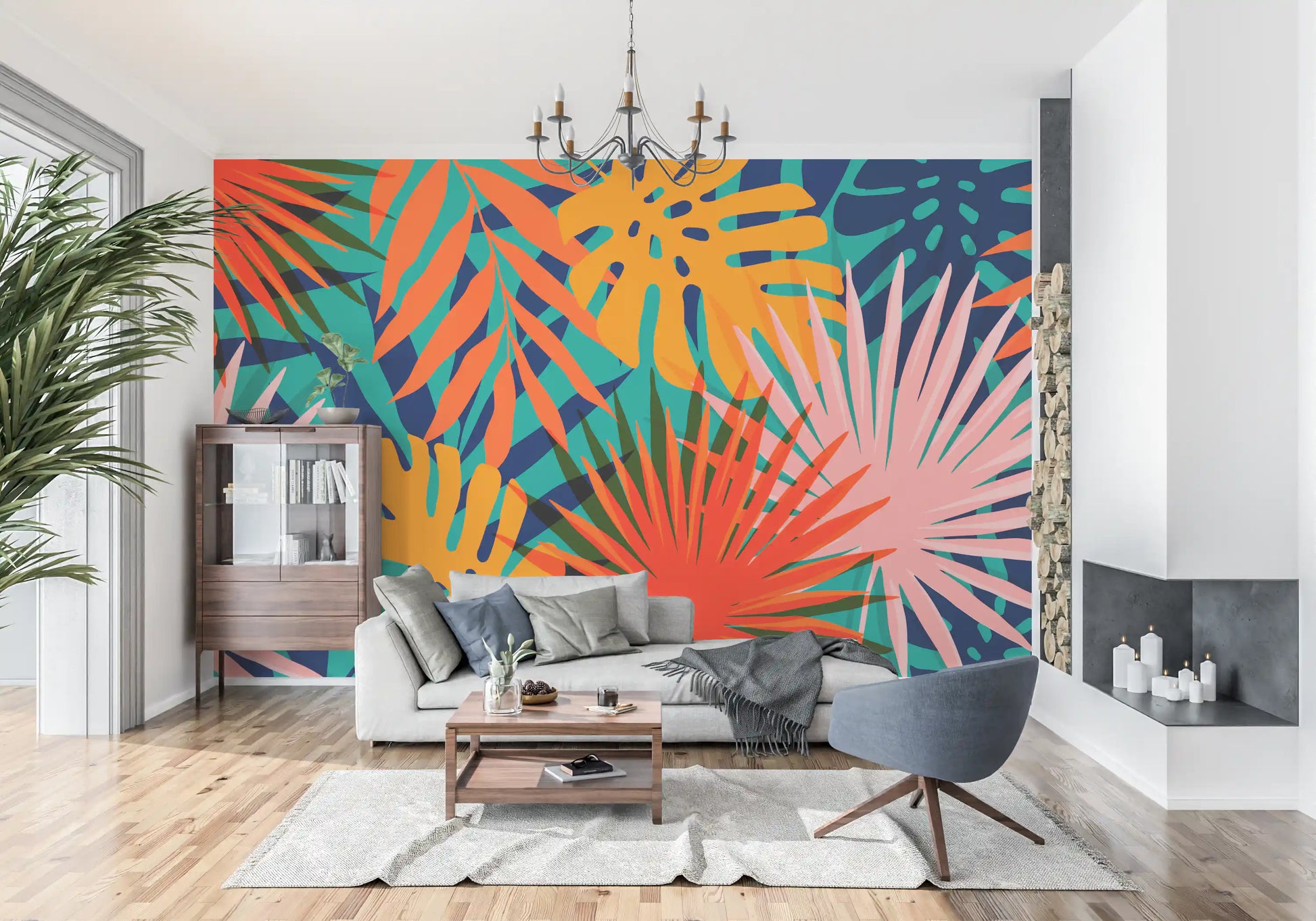 Bright tropical foliage wall mural for a contemporary living room space