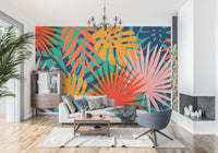 Bright tropical foliage wall mural for a contemporary living room space