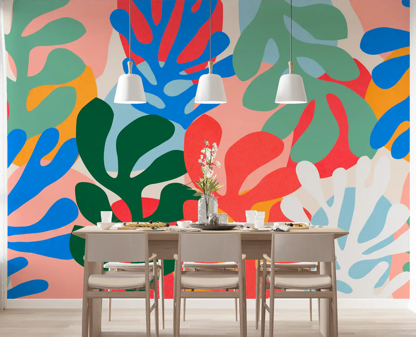 Vibrant Organic Forms Wall Mural with Matisse style cutout shapes in dining room.