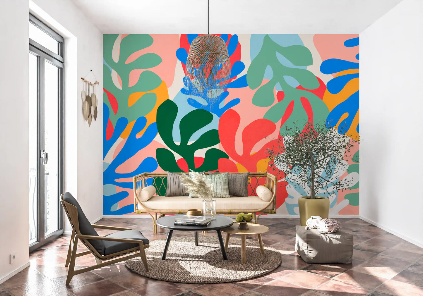 Abstract botanical wall mural featuring colourful organic leaf cutouts for living room., GD10312
