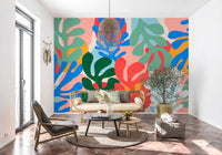 Abstract botanical wall mural featuring colourful organic leaf cutouts for living room., GD10312