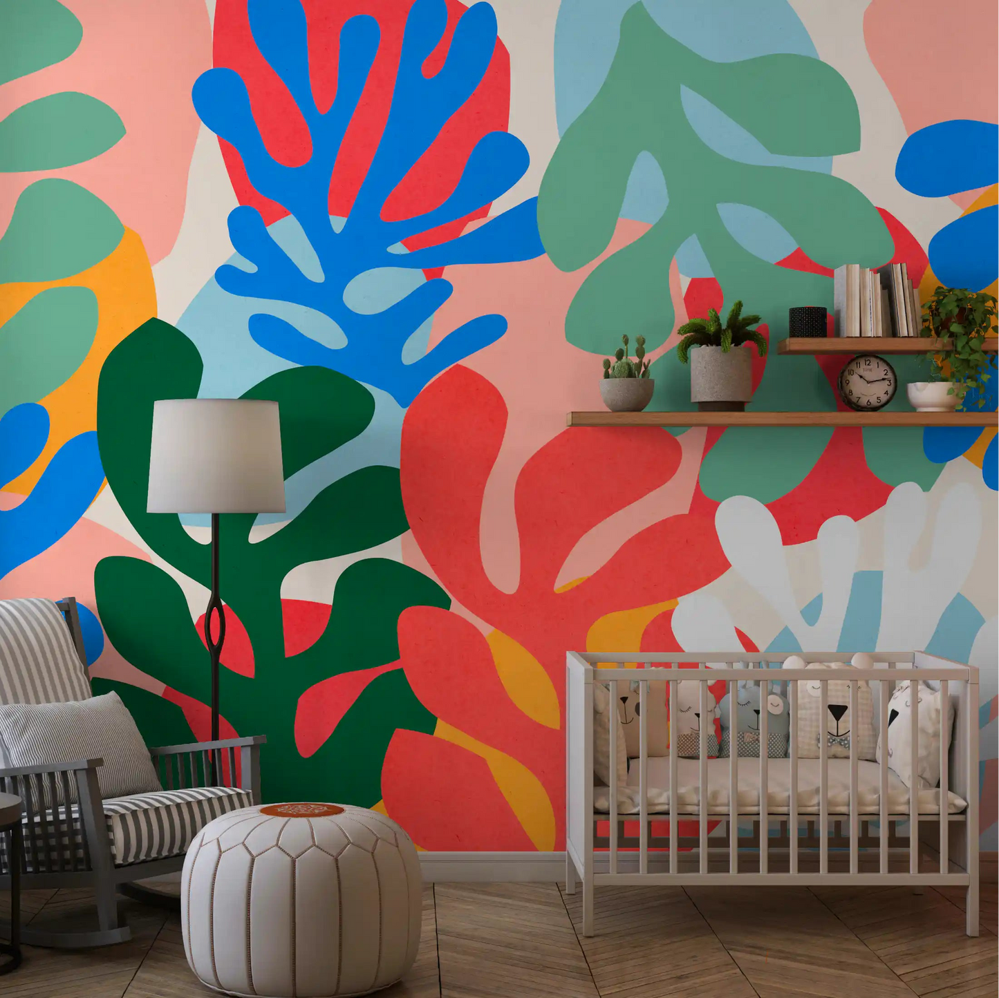 Matisse cutout style wall mural with bright blue red and green coral illustrations., GD10312