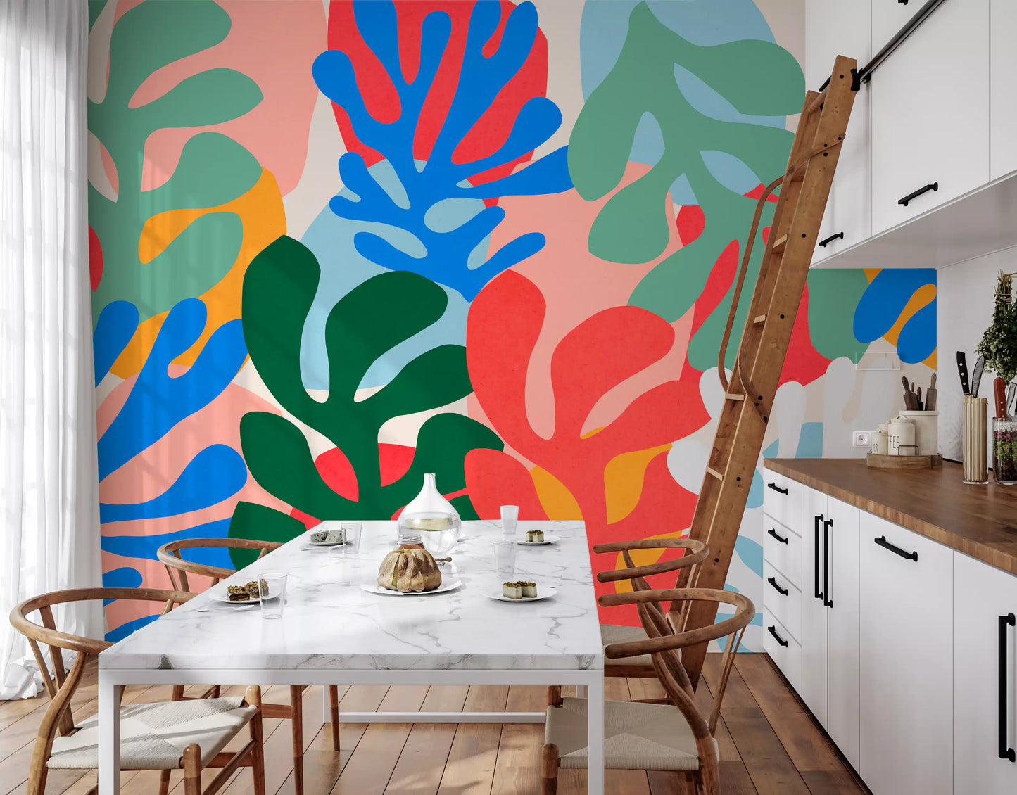 Vibrant Organic Forms Wall Mural featuring multi colour coral cutouts on beige, GD10312
