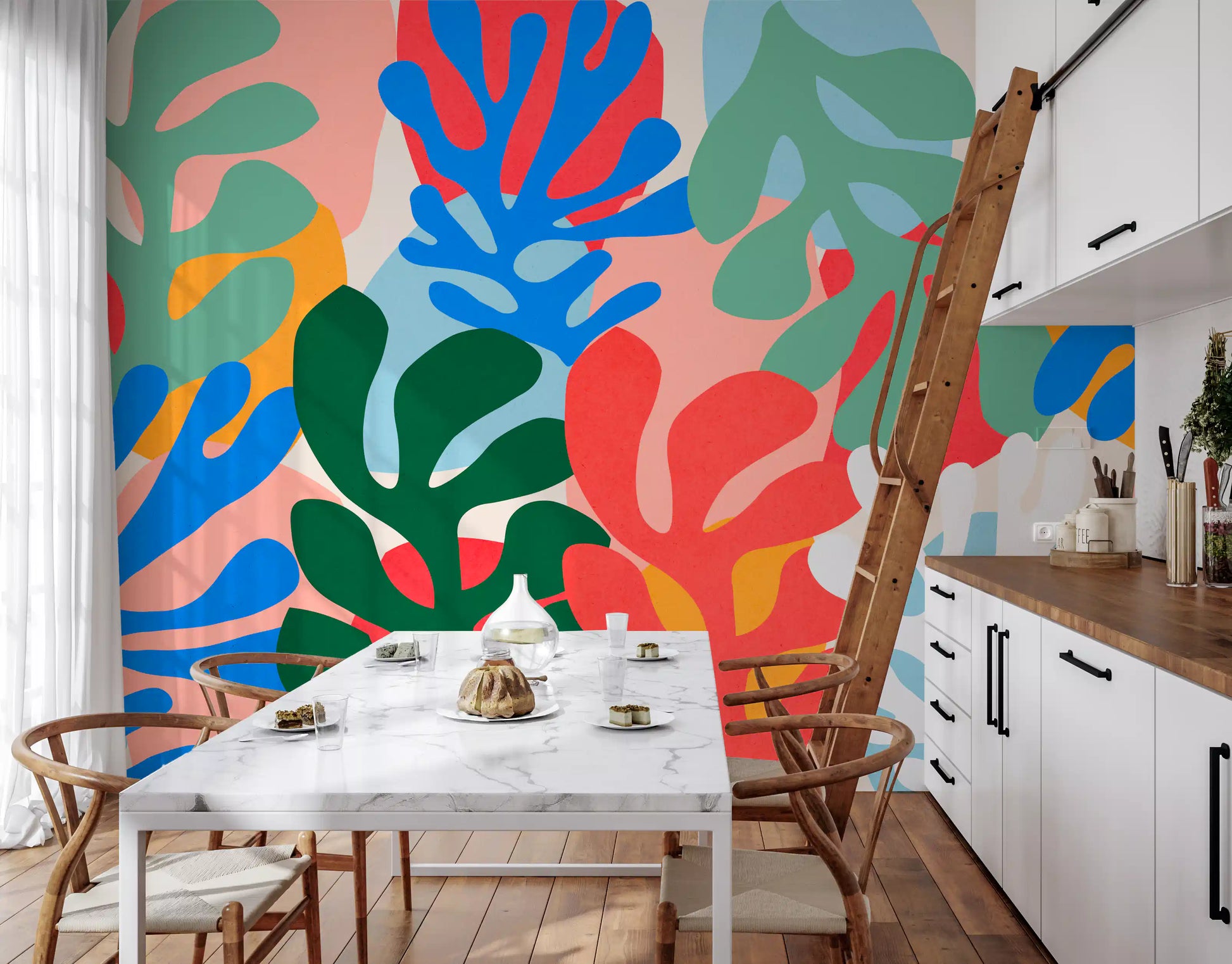 Vibrant Organic Forms Wall Mural featuring multi colour coral cutouts on beige, GD10312
