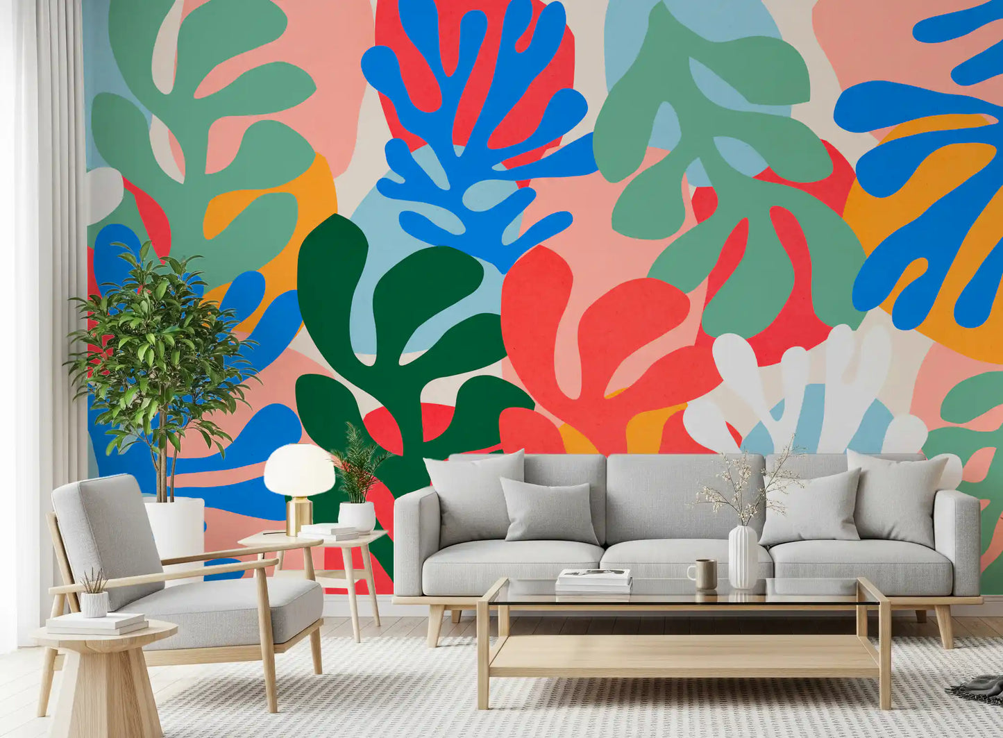 Vibrant Organic Forms Wall Mural showing blue green and red botanicals., GD10312