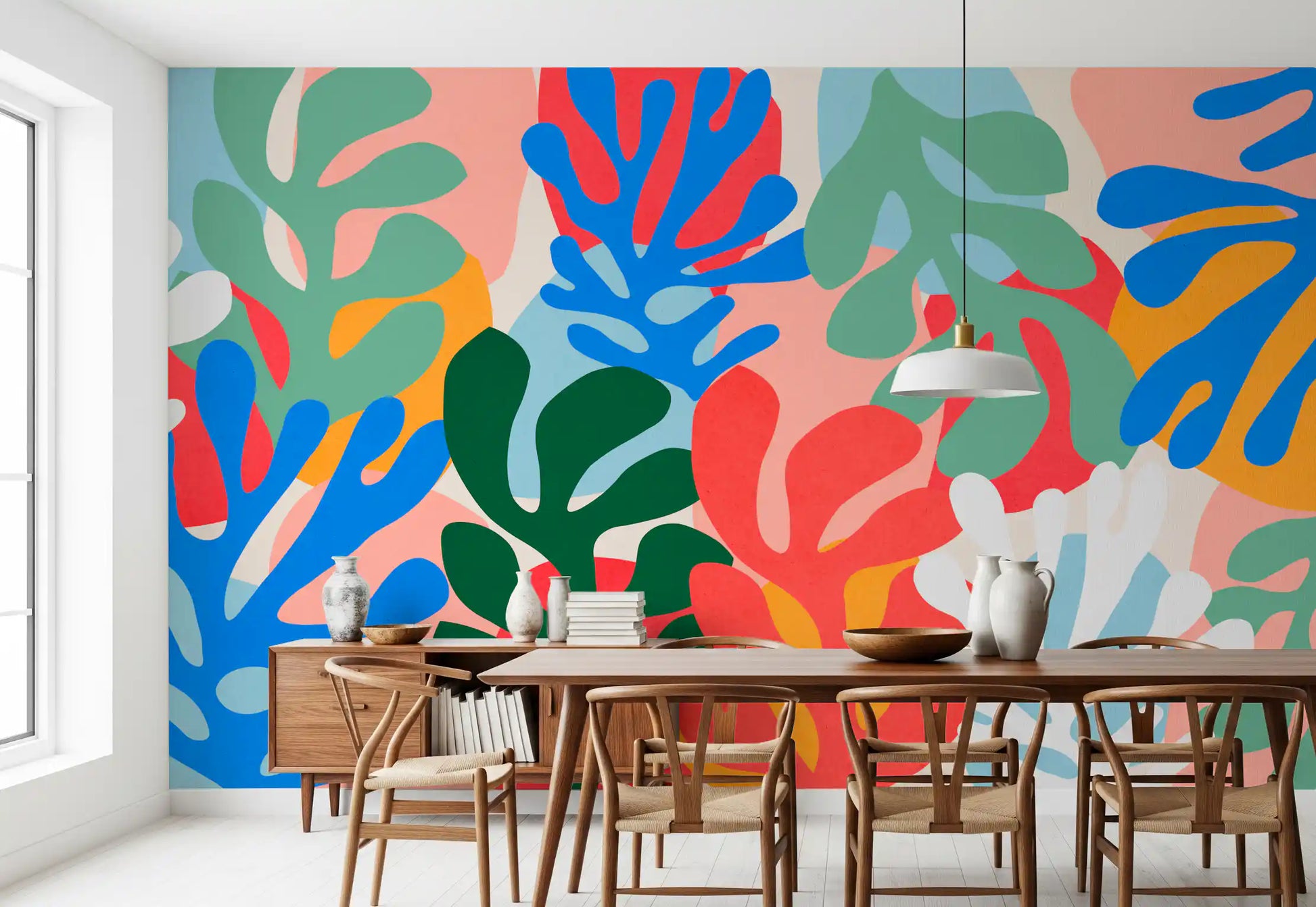 Multi colour coral pattern wall mural with bright blue and green shapes on cream., GD10312