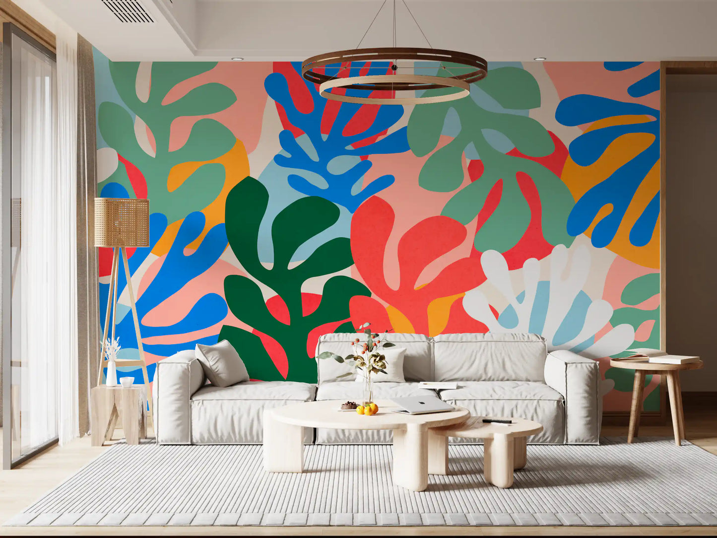 Bright botanical wall mural displaying abstract red blue and white seaweed shapes, GD10312