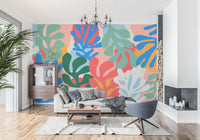 Contemporary abstract art wall mural with colourful organic leaf cutouts in living room., GD10312