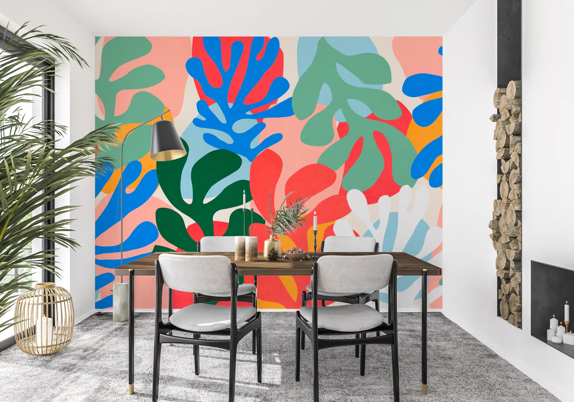 Artistic abstract shapes wall mural featuring red green and blue botanical patterns, GD10312