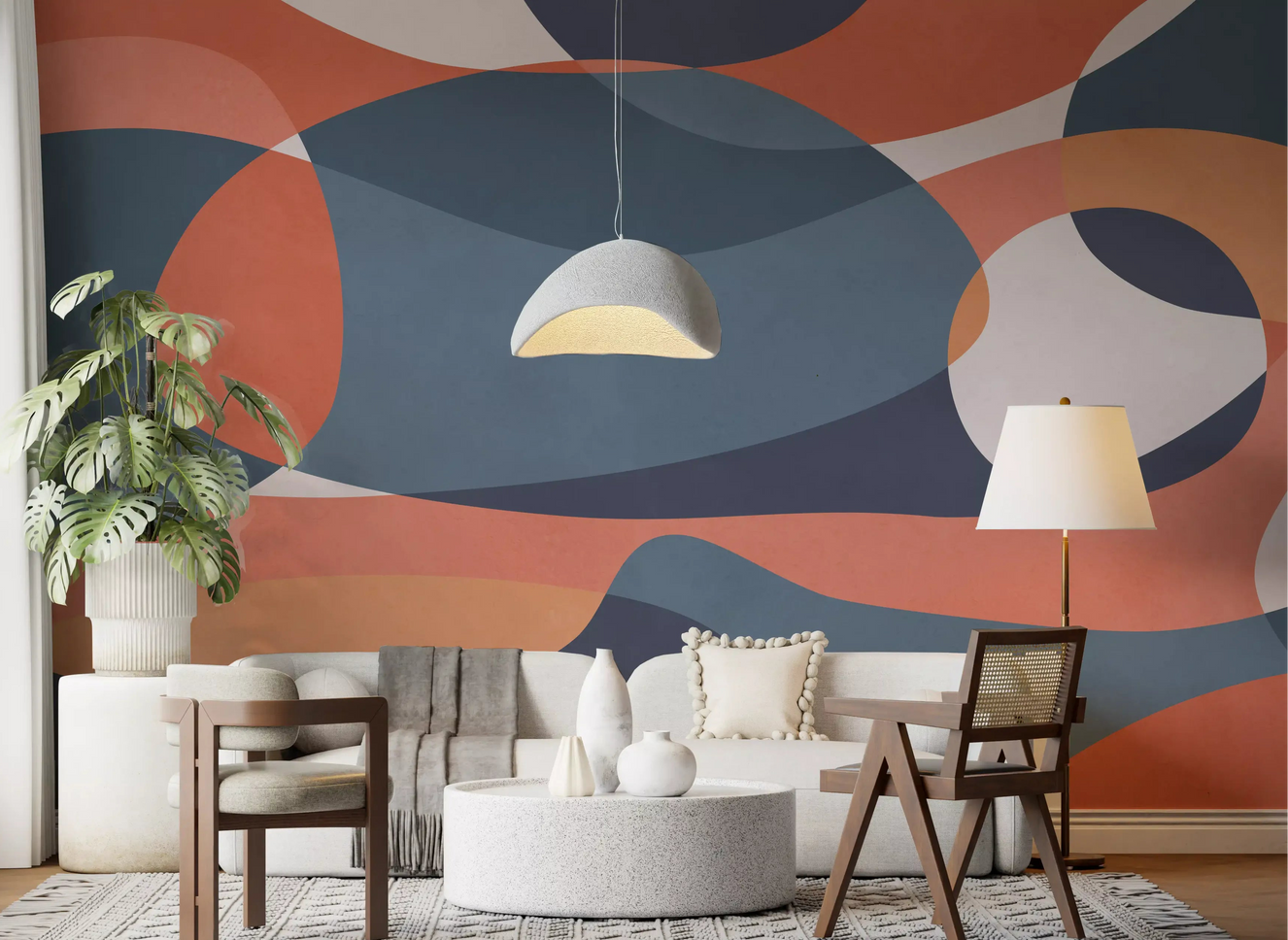 Overlapping Earthy Tones Wall Mural for living room with organic shapes.