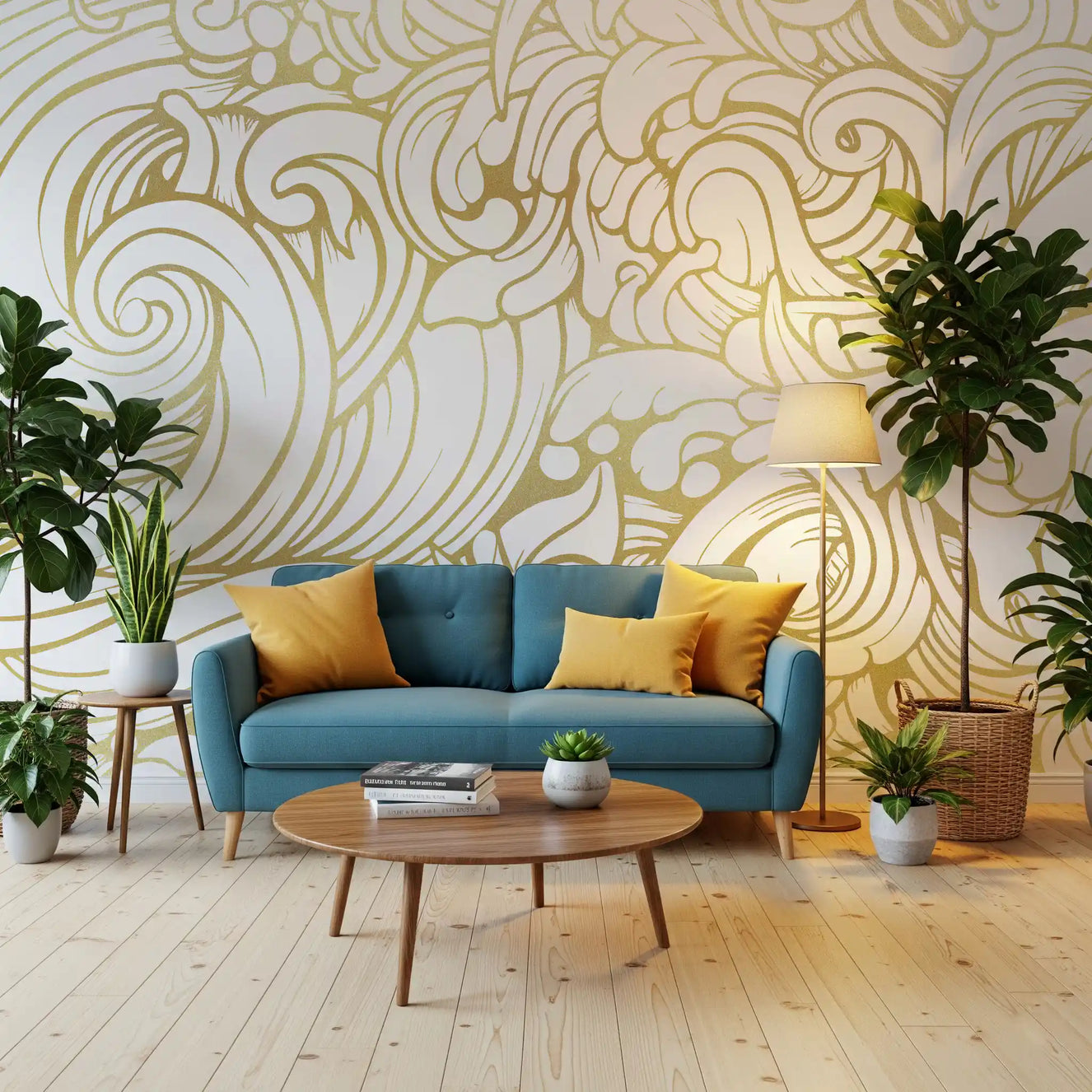 Traditional gold line wave pattern wall mural for modern hallway spaces.