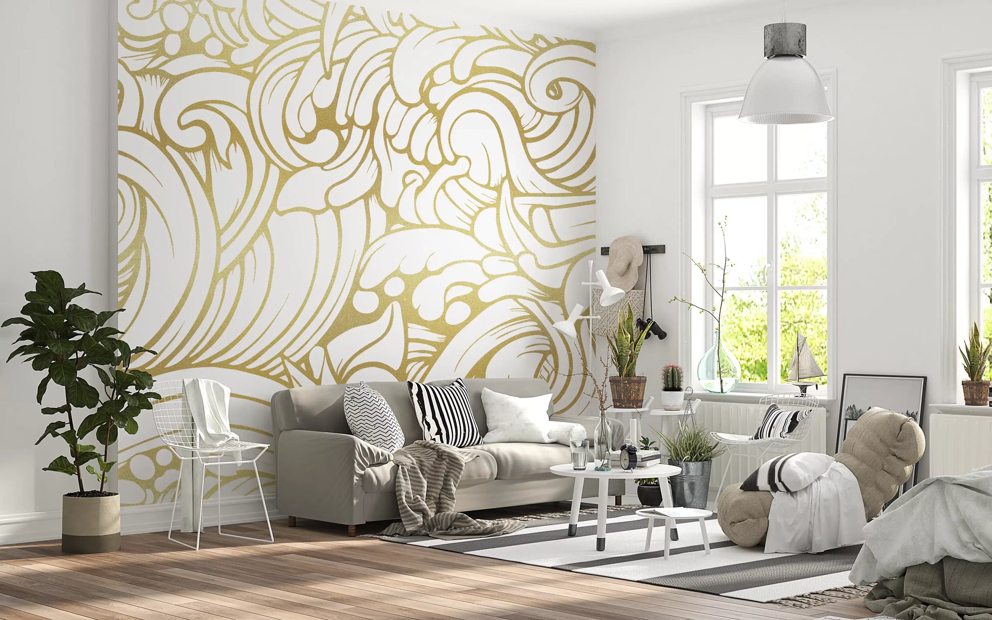 Gilded Organic Flow Wall Mural displaying continuous gold foil style swirls, GD10316
