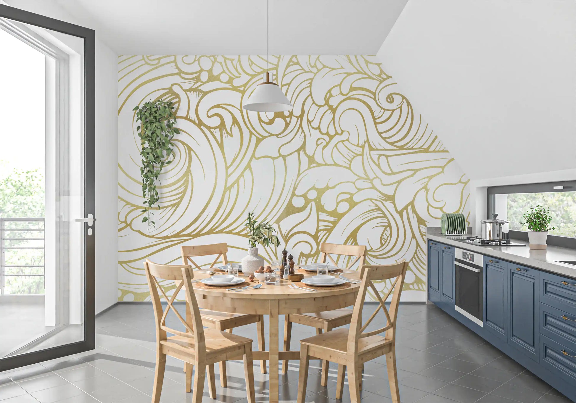 Textured gold line art pattern wall mural for dining room interior., GD10316