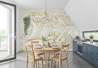 Textured gold line art pattern wall mural for dining room interior., GD10316