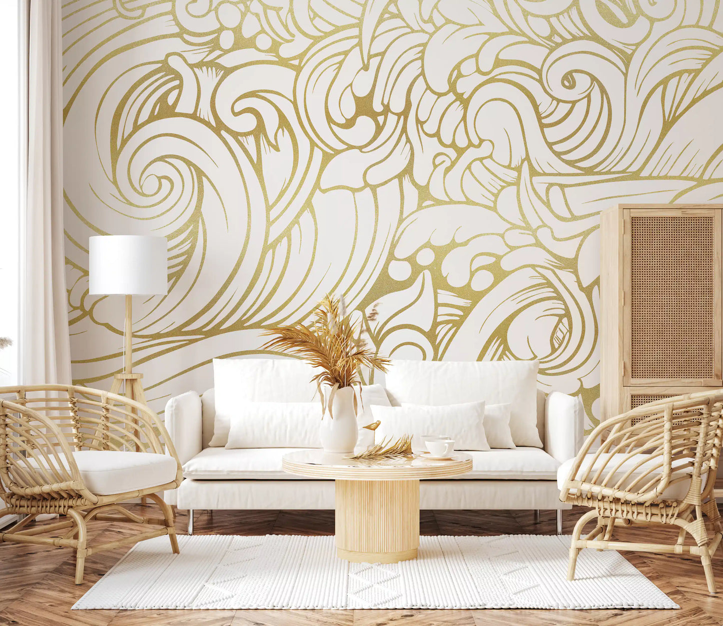 Detailed gold line ocean wave drawing wall mural for home interior., GD10316