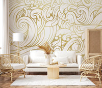 Detailed gold line ocean wave drawing wall mural for home interior., GD10316