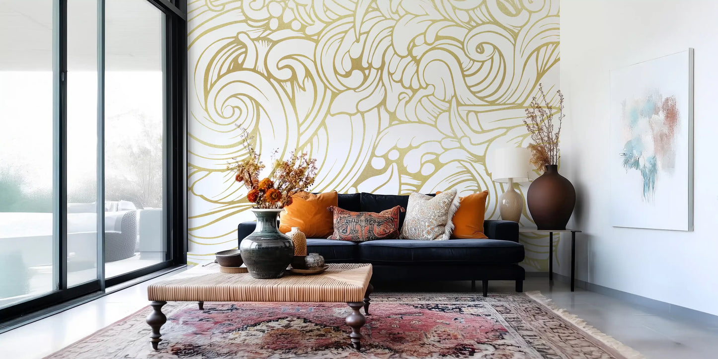Abstract golden baroque style swirls wall mural for luxurious interior styling, GD10316