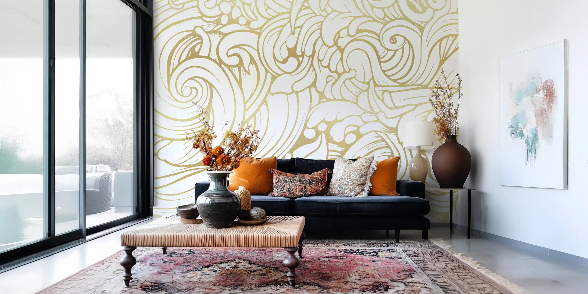 Abstract golden baroque style swirls wall mural for luxurious interior styling, GD10316