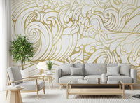 Minimalist metallic gold curvilinear design wall mural on a clean white base, GD10316