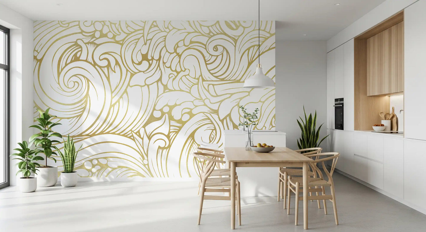 Cream and gold ornamental wave design mural for dining room feature walls, GD10316