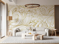Classic golden ocean wave illustration wall mural for bright living room., GD10316